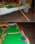 Snug Trac wooden train fasteners keep your wooden toy train track together without nails or glue.  You can still take the track apart to change layouts.